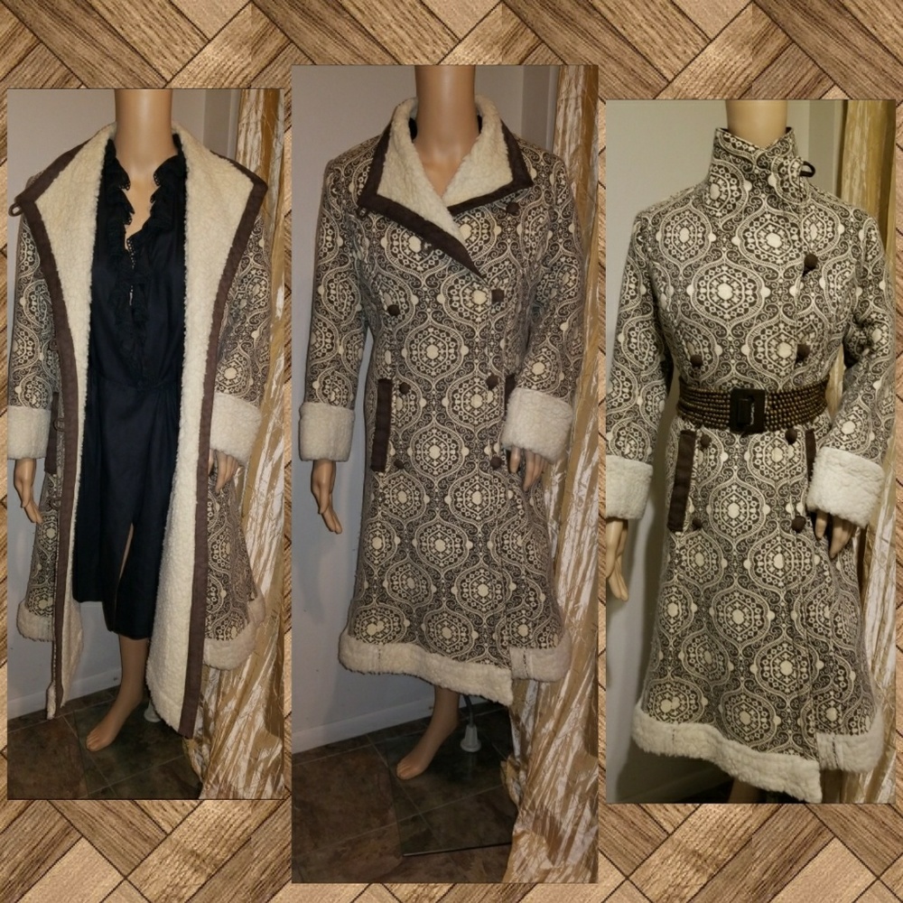 Authentic 1970s full lenght wool and leather coat
